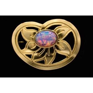 Stamas Vintage Cabochon Pin Brooch Heart Lotus Flower Opal Gold Tone Signed BinF